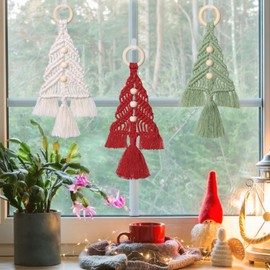 Dremisland Christmas Tree Decoration 3 Set Macrame Christmas Tree Decorative Hanging Ornaments Assembled Macrame Kits Boho Wall Hanging Decor for Christmas Tree Winter New Year Party Supplies