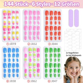 144 Stück Kinder Kurze Glänzende Press on Nails, Knallbunte Falsche Nägel für Kinder mit Nagelkleber - 6 Styles Acryl Nägel Kunst Tip für Quadratische Vollabdeckung gefälschte Nägel für DIY (BuntB)