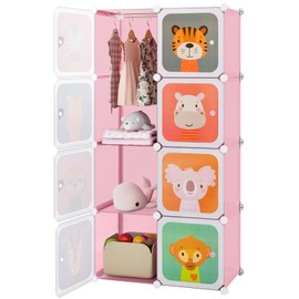 Costzon Kids Wardrobe Closet, Cartoon DIY Modular Dresser Storage Organizer with 8 Cubes & Clothes Hanging Section, Portable Closet Bedroom Nursery Armoire Rack for Toddlers Children, Pink