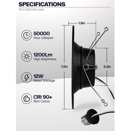 1 Pack 5/6 Inch Black LED Can Lights Retrofit Recessed Lighting, 5CCT 6 Inch Recessed Lights Selectable 2700K-6000K Dimmable, 12W=75W, 1200LM Downlight with Metal Smooth Trim-ETL and Energy Star