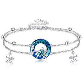MONGAS Sea Turtle Bracelet Sterling Silver Sea Turtle Double Chain Bracelet Sea Turtle Jewelry for Women