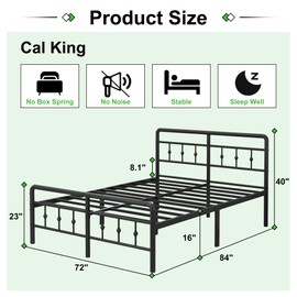 EMODA 16 Inch California King Bed Frames with Headboard and Footboard, Round Metal Heavy Duty Cal King Bed Foundation, No Box Spring Needed, Easy Assembly