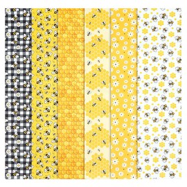 PH PandaHall 6pcs Bee Daisy Cotton Fabric Bundles Bee Theme Quilting Patchwork Honeycomb Plaid Pattern Craft Fabrics Yellow Sewing Fabrics for DIY Handmade Craft Party Decor, 45x50cm