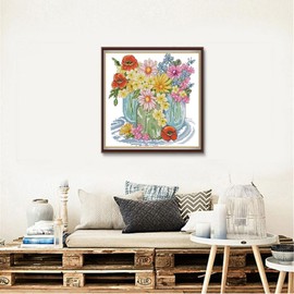 ITSTITCH Stamped Cross Stitch Kits- Full Set of Embroidery for Beginners or Adults,14 CT 2 Strands DIY Flowers Blooming Patterns Counted Arts Craft 12.2×12.6 inch