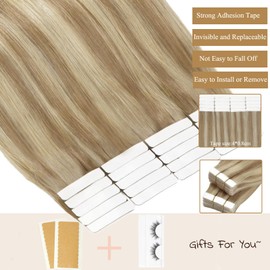 Loxxy Human Hair Extensions Tape in 22inch Tape in Extensions Human Hair Double Side Ombre Light Golden Blonde to Light Blonde Seamless PU Skin Weft Tape in Hair Extensions P18/613 50g 20pcs