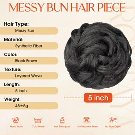 RONTAYA Messy Bun Hair Pieces Wavy Curly Synthetic Updo Fake Scrunchies Ponytail Extension for Women Black Brown