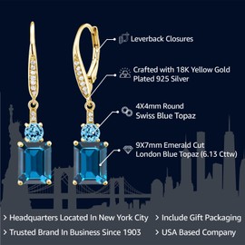 Gem Stone King 18K Yellow Gold Plated Silver London Blue Topaz and Swiss Blue Topaz Dangle Earrings For Women (6.13 Cttw, Gemstone November Birthstone, Emerald Cut 9X7MM)