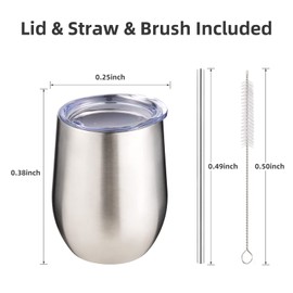 FristChoice 12 oz Insulated Wine Tumbler with Lid and Straw,Stainless Steel Stemless Wine Tumbler Glasses Double Wall Vacuum Wine Cups Tumbler for Coffee,Champaign,Cocktail,Office（Silver,1）