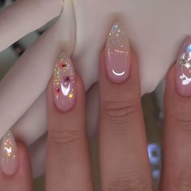 Hkanlre Gradient Pink Fake Nails Tips Bling Press on Nails Full Cover Almond False Medium Nails for Women 24PCS