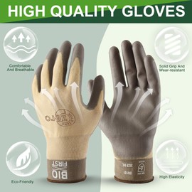HOLDZERO Biobased Safety Work Gloves Gardening Gloves PU Coated Grip Work Gloves Light Duty Garden Gloves for Fishing Gardening Driving Warehousing Construction DIY Work，Brown Large 3 Pairs