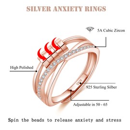 Kamise Silver Anxiety Ring, 925 Sterling Silver Fidget Ring for Anxiety Women, Adjustable Open Spinner Fidget Rings with 5 Beads, Infinity Rose Gold Anxiety Fidget Rings Rings for Stress Worry Relief