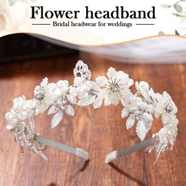 CASDRE Flower Wedding Headband Silver Pearl Bridal Headpiece Prom Leaf Hair Hoop Hair Accessories for Women and Brides (Silver, One Size)