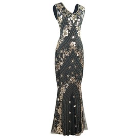 Women Evening Floral Dress 1920s Sequin Flapper Cocktail Mermaid Formal Gown with 20s Gatsby Accessories Set (Black Gold, Medium)