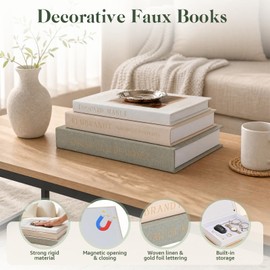 OSYROY Faux Book Box Set of 3 & Bonus Tray, Linen Decorative Books for Home