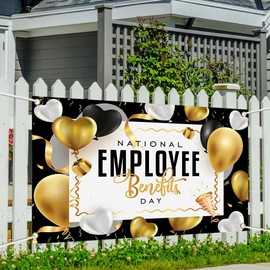 Printspree National Employee Benefits Day Banner-70.8x43.3in Gold Black White Decoration with Balloons and Confetti for Office Celebrations and Workplace Events