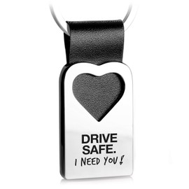 FABACH Heart Keyring with Engraving Made of Leather - Drive Carefully Lucky Charm Car Pendant for Partner - Drive Safe I Need You, black, Classic