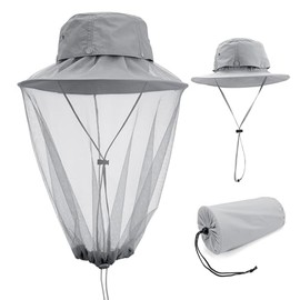 Filhome Filhome Mosquito Head Net Hat Hats with Removable Veil Net Mesh Hiking Fishing Gardening Protect from Bee Mosquito for Women Men, Light Gray