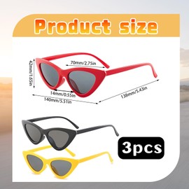 QhgPnt 3PCS Cat Eye Sunglasses, Cat Eye Sunglasses Womens, Small Retro Cat Eye Sunglasses Vintage Narrow Cateye Sunglasses Neon Skinny Party Glasses Bulk for Women（Black, yellow, red）