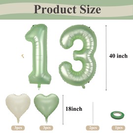 Number 13 balloons Sage Green，13 Balloons Birthday Boy Girl,40Inch Foil Number 1 & 3 Balloons with 6 Sage Green Metal and Confetti Helium Balloons for 13th 31th Year Old Birthday Decorations