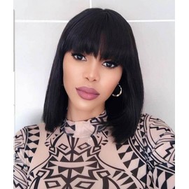 Real Hair Wig Short Bob Straight Human Hair Wig Real Hair Wigs Short Bob Human Hair Wig 12 Inch Short Black Wig Real Hair Wig with Fringe Black 130% Density