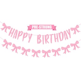 Pink Bow Happy Birthday Banner, Coquette Birthday Decorations Fufuddz Bow Garland Bachelorette Party Decor Baby Bridal Shower Supplies for Girls Women 1st 10th 16th 20th 21st 25th 30th [Pre-Strung]