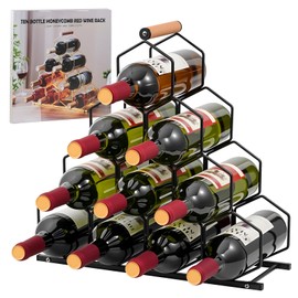 Tocemei Countertop Wine Rack & Wine Bottle Holder - Industrial Style Honeycomb Design 10-Bottle Wine Storage with Wooden Handle, 4 Tier Solid Iron Wide Base & Easy Installation, for Home Bars/Cellars