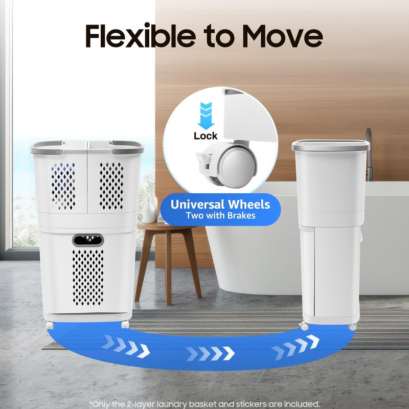 2 Tier Laundry Basket with Wheels & Handle, White Laundry
