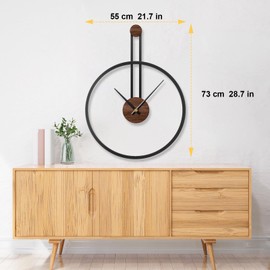 MuZi famlily 28.7x22 Inch Large Metal Giant Modern Wall Clocks for Living Room,Big Farmhouse Oversized Decorative Black Minimalist Wall Clock with Elegant Natural Walnut Dial for Office,Dining Room