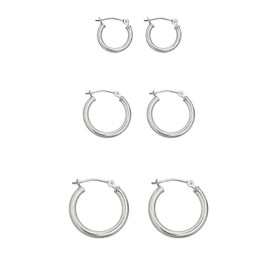 AVORA 3-Pair 10K White Gold Classic Polished 2mm Tube Hoop Earrings Set