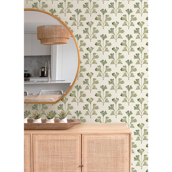 RoomMates RMK12641PL Cat Coquillette Gingko Peel and Stick Wallpaper, Almond/Fern