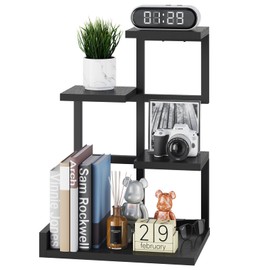 YMYNY Desktop Shelf Organizer, 4 Tier Storage Display Rack, Desk Shelf Organizer Small Bookshelf with Metal Frame for Office, Books, Plants, 12.2" x 9.45" x 17.52", Black UHSR007B