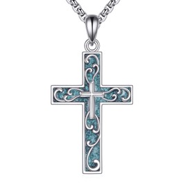 ONEFINITY Double Cross Necklace 925 Sterling Silver Turquoise Cross Pendant Religious Jewellery Gift For Women Men
