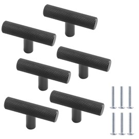 Cjueiom 6 Pack Matt Black Cupboard Knobs 50mm Length T Bar Handles, Knurled Drawer Knobs Cupboard Pull Handles with Diamond Pattern, Wardrobe Door Knobs Kitchen Cabinet Knobs for Bedroom Drawer Closet