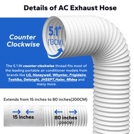 Cestluck Flexible AC Exhaust Hose: 5.1" Diameter Counterclockwise AC Hose, Length to 80", Portable Air Conditioner Vent Hose Compatible with Delonghi & LG Air Conditioner Parts