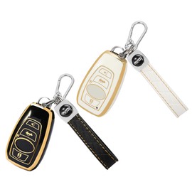 TOMALL 2 Pack for Subaru Key Fob Cover with Keychain, 4 Buttons TPU Key Fob Protector Compatible with Subaru Ascent BRZ Crosstrek Forester Legacy Impreza Outback WRX STI Car Key Cover (Black + White)