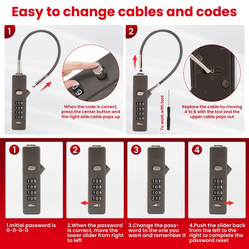 Combination Cable Lock - 3 Retractable Locks (11.8", 23.6", 47.2")