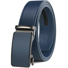 JUKMO Men’s 35mm Leather Ratchet Belt with Original Slide Buckle in Gift Box (Octagon - Blue, M-36 to 42" Waist Adjustable (Length 49"))