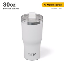 RTIC 30oz Essential Tumbler with Lid, Ceramic Lined, Insulated, Stainless Steel, Metal, Double Wall Vacuum-Insulation, Travel Cup for Iced Coffee, Tea, Hot and Cold Drink, White
