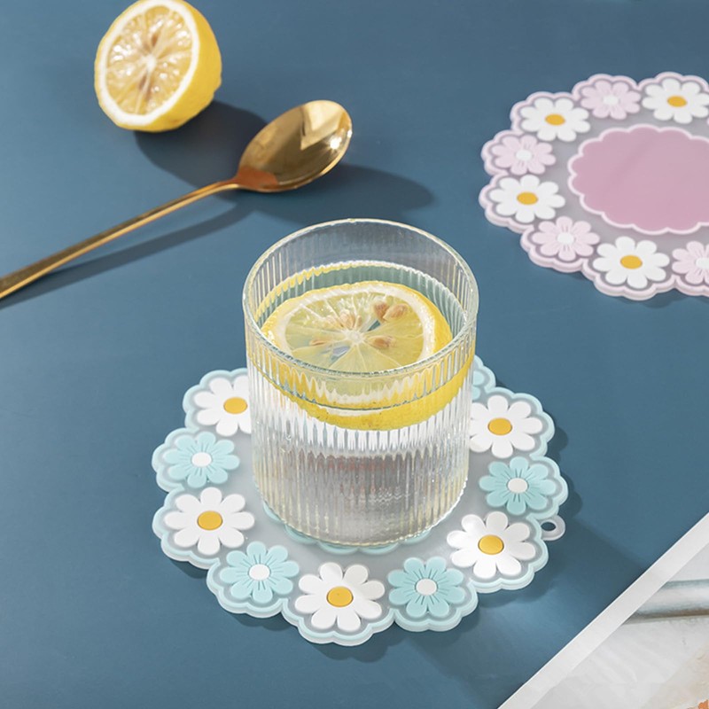 6Pcs Silicon Cup Coasters, Cherry Blossoms and Daisies Coasters, Non-Slip