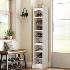YATINEY 9-Tier Tall Shoe Rack, Wooden Shoe Storage Organizer, Narrow Shoe Cabinet with Removable Shelves for Small Spaces, Holds 18 Pairs of Shoes, for Entrance, Hallway, White SS02WT