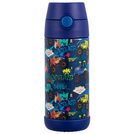 Snug Kids Water Bottle - insulated stainless steel thermos with straw (Girls/Boys) - Monster Trucks, 12oz