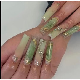Extra Long Coffin Shape, Marble Green Ombre with Gold Foil and Rhinestone Butterfly Design, 24 Pieces
