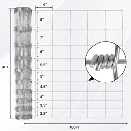 Toriexon Toriexon Farm Fence 4FT x 100FT, Galvanized Cattle Fence, Heavy Zinc Coating Wire Fencing, 14GA Livestock Fence, Goat Fence, Hog Wire Fencing Perfect for Pest Control, Livestock & Animals Protection