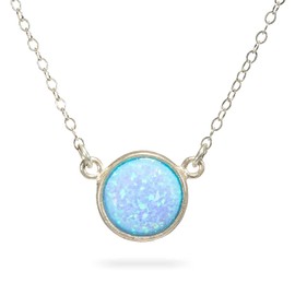 Blue Opal Pendant Necklace Sterling Silver Gemstone Circle 10mm Opal Pendant