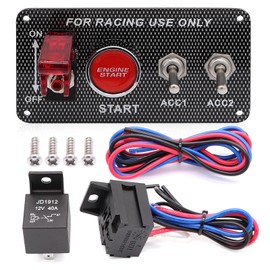 Taxutor 12V 30A 4-in-1 Ignition Panel Kit, Aluminum Alloy Switch Panel with Engine Start Button, Red LED Toggles & Aircraft Cover, Pre-drilled for Racing Car, Boat, RV, Truck
