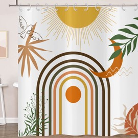 Hnmdmyi Boho Shower Curtain, 180 x 180 cm, Mid Century Abstract Leaves Arch Sun Moon White Bath Curtain Modern Minimalist Geometric Aesthetic Art Waterproof Fabric Washable Bath Curtain