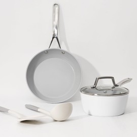 TIAJO 5 Piece Ceramic Nonstick Cookware Set, 9.5 inch fry pan and1.8 quart sauce pan with lid, Eco-Friendly Coating, PFAS & PTFE & PFOA Free, Dishwasher Safe, Oven Safe - White & Gray