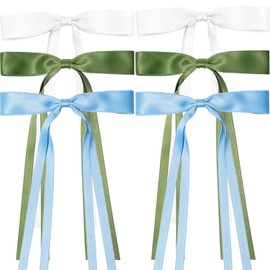 6PCS Silky Satin Hair Bows Ribbon Hair Clips, Ribbon Satin Hair Bows with Long Tail Tassel Bow Clips BowKnot Barrettes Hair Accessories for Women Girls (White+Green+Blue)