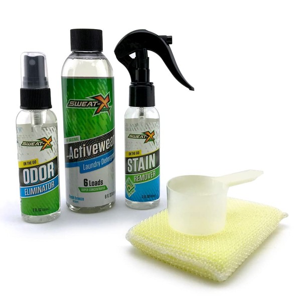 Sweat X Sport Essentials Kit - Trial Size Laundry Detergent, Odor Eliminator and Stain Remover Spray