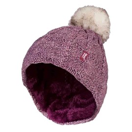 HEAT HOLDERS - Ladies Cable Knit Fleece Lined Thermal Winter Bobble Pom Pom Hat (One Size, Rose)